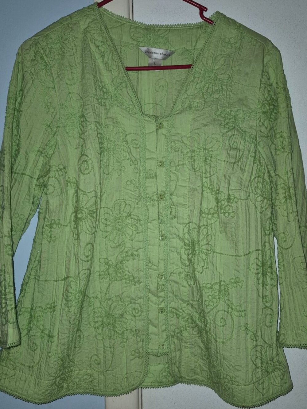 Christopher & Banks Blouse 3/4 Sleeve Boho Style Embroidered Green Women's L NEW